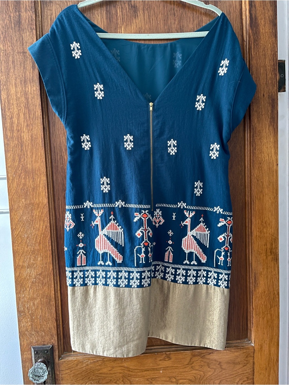 Anthropologie Navy and Gold Embroidered midi Dress